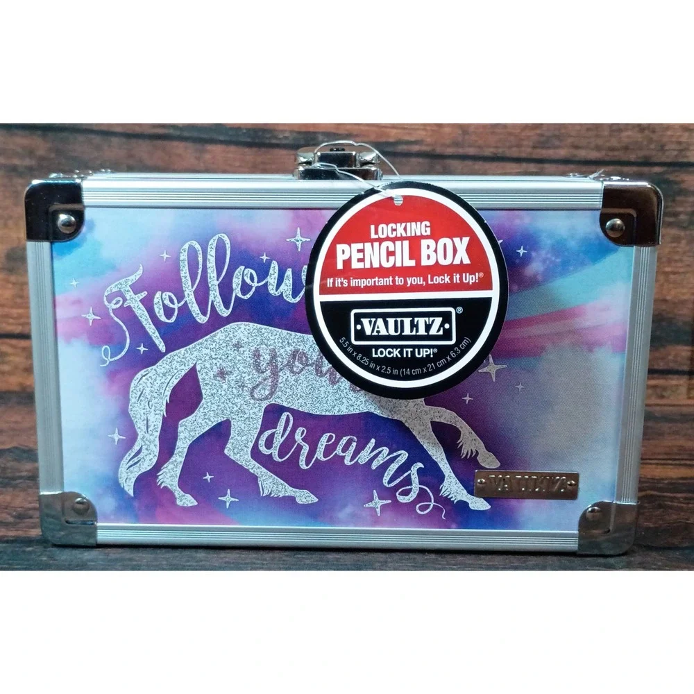 Vaultz Locking Pencil Box Follow Your Dreams Unicorn Purple Blue Silver VZ00179